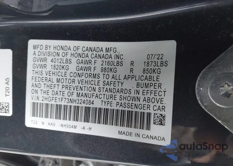 2022 Honda Civic Ex from USA, damaged, VIN 2HGFE1F73NH324084